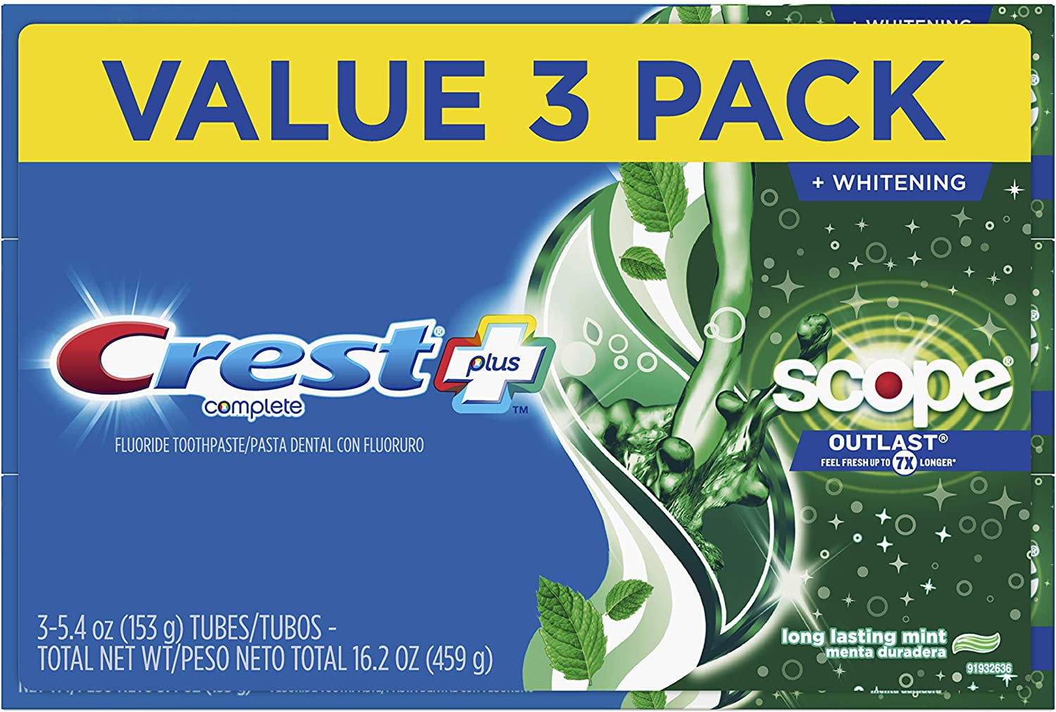 Crest Complete Whitening + Scope, Long Lasting Mint Toothpaste, Triple Pack (3 Count of 5.4 oz Tubes), 16.2 oz