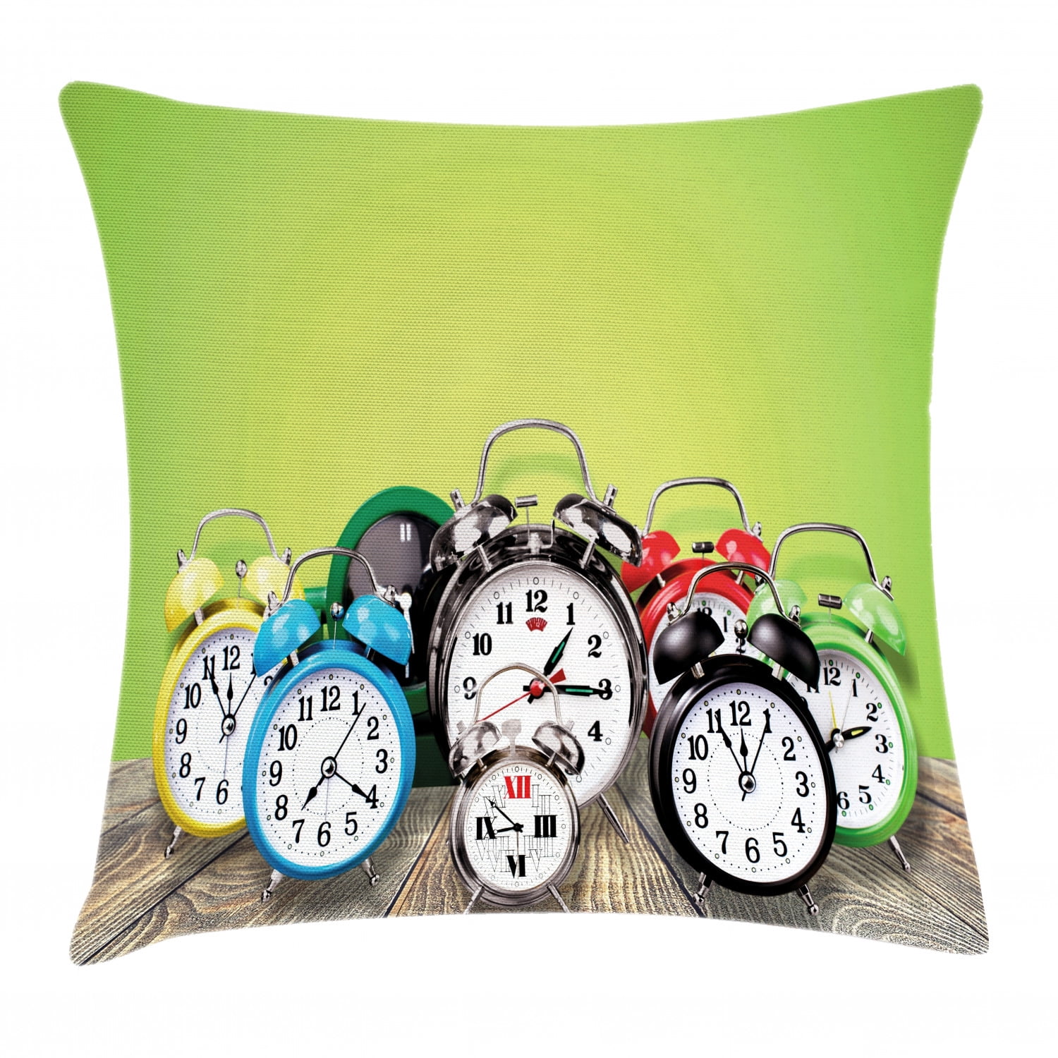 Clock Decor Throw Pillow Cushion Cover, A Group of Alarm Clocks on the