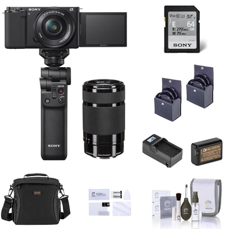 Sony Sony ZV-E10 Mirrorless Vlog Camera with 16-50mm Lens  Black - Bundle with 55-210mm Lens Vlogger Kit Shoulder Bag Screen Protector Extra Battery Charger 49mm & 40.5mm Filter Kit Cleaning