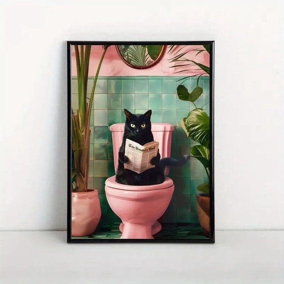 Funny Cat on Toilet Canvas Wall Art - Modern Retro Unframed Poster for Bathroom Decor, Perfect Gift & Halloween Accent