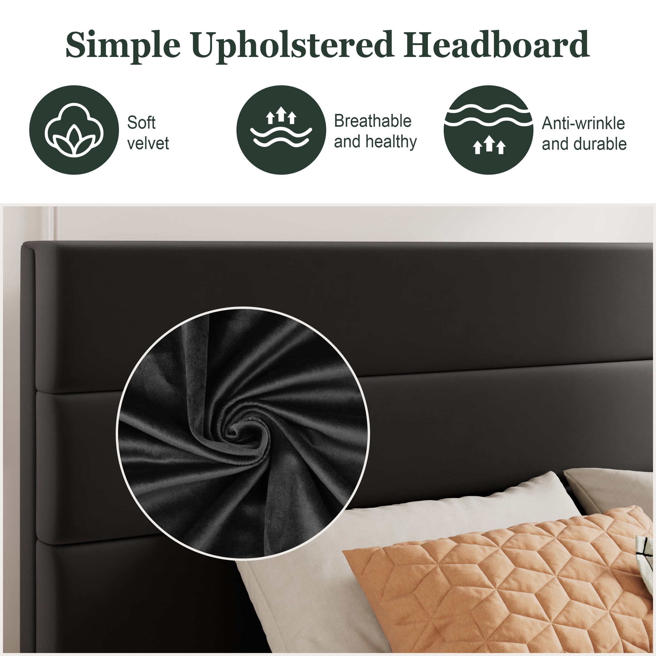 Amolife King Bed Frame, Platform Bed Frame with Velvet Upholstered Headboard, Black