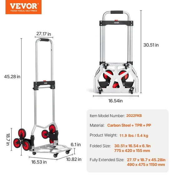 260 lbs Capacity Stair Climbing Dolly - 10-Wheel Folding Hand Truck for Heavy Duty Use