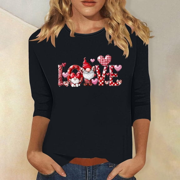 VgaVtl 3/4 Sleeve Tee Shirts for Women Plus Size Graphic Valentines Day Women's Tops Loose Holiday for Gifts Leisure Tops