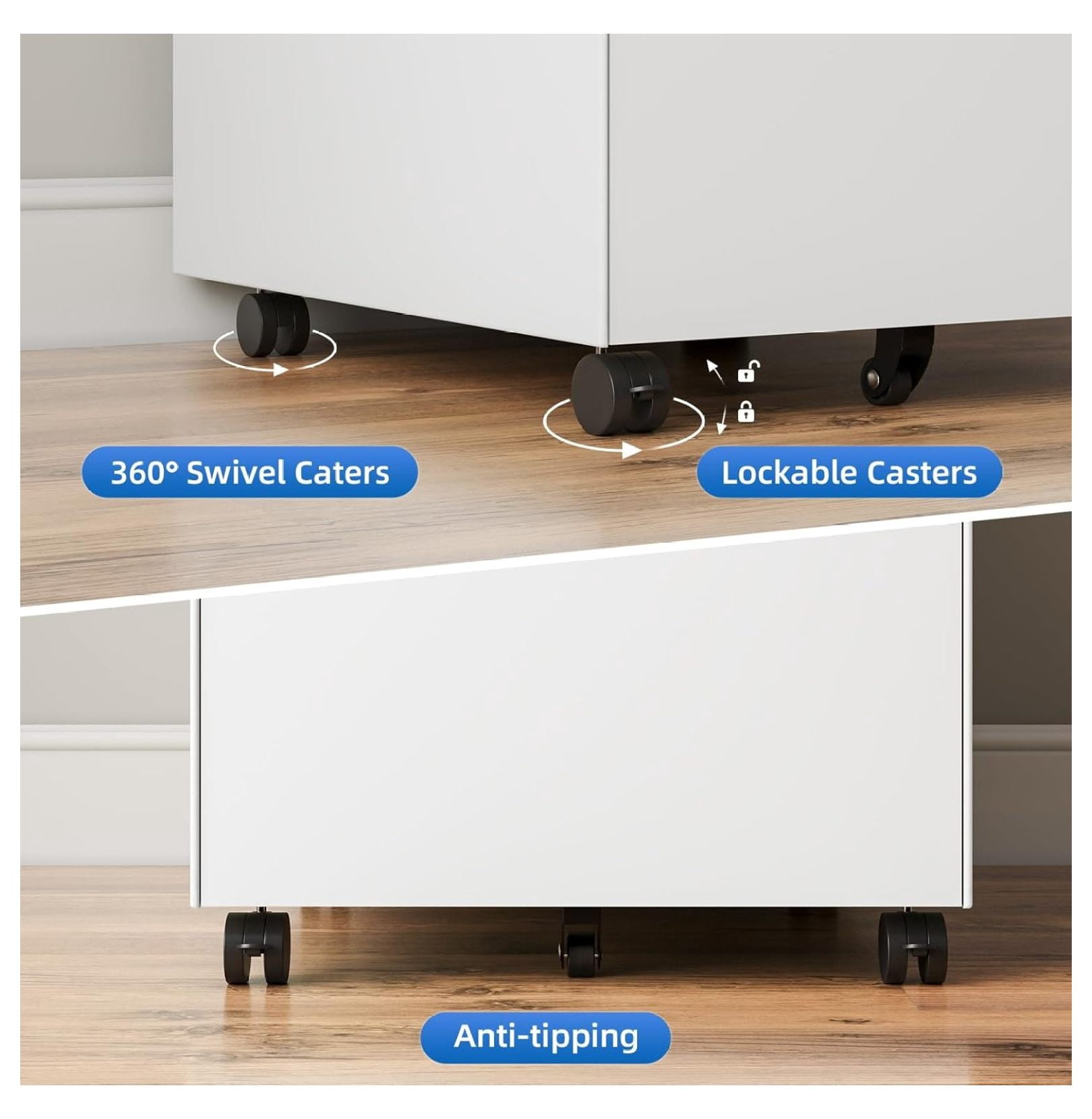 3 Drawer White File Cabinet, Mobile Under Desk Storage File Cabinet with Lock on Wheels, Fully Assembled, Letter/Legal Size, Small Short Vertical Metal Rolling Filing Cabinets for Home Office
