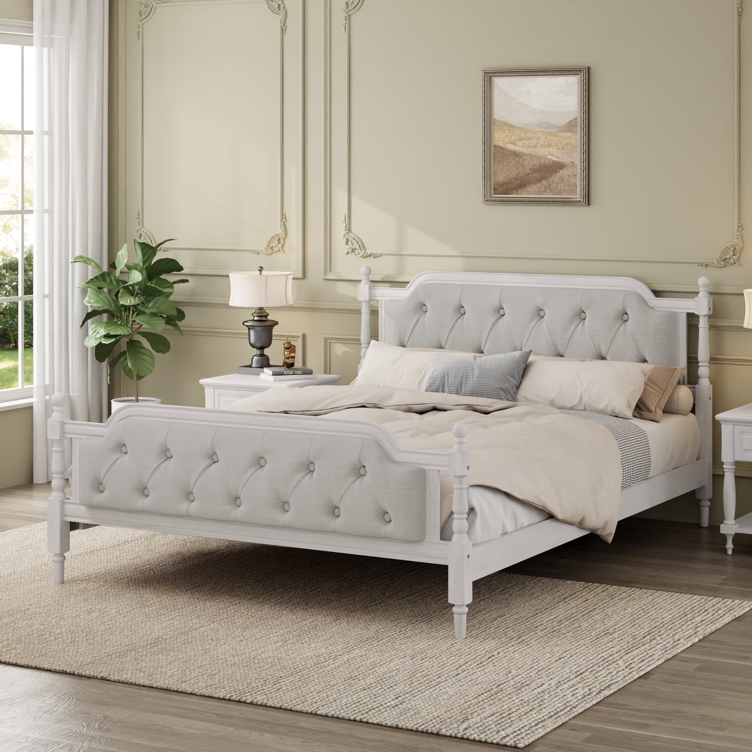 MAYEERTY King Traditional Solid Wood Bed Frame Upholstered Tufted Headboard for Bedroom Antique White