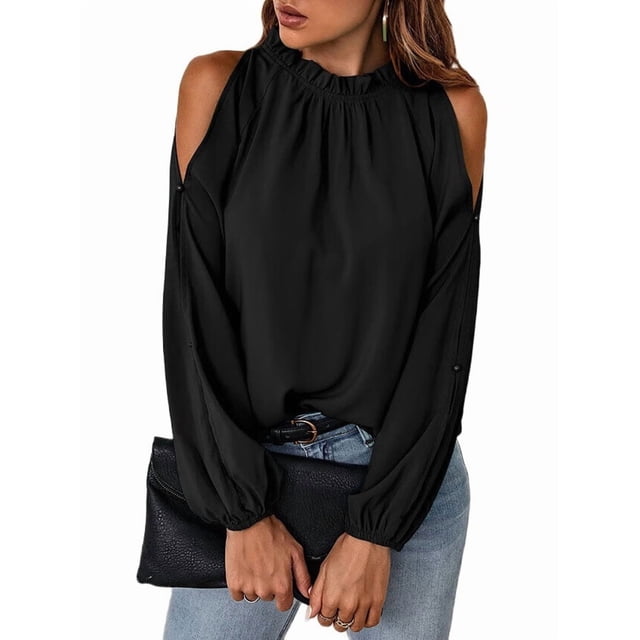 Blusas Elegantes e Informales para Mujer, con Hombros Descubiertos, Cuello con Volantes, Camisas de Moda de Otoño para el Trabajo Negro L