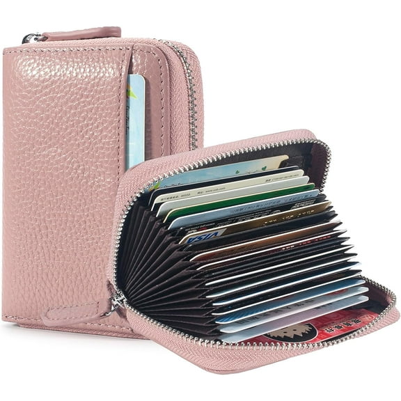 Credit Card Holder Wallet RFID Blocking Slim Genuine Leather Organizer Zipper Pocket Id Card Pouch Case Purse with 20 Card Slots for Women