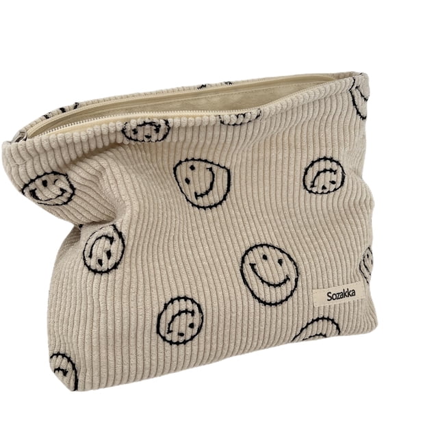 Bolsas de cosméticos para mujer - Bolsa de cosméticos de pana Estética Bolsos de mujer Monederos Puntos de sonrisa Organizador de maquillaje Bolsa de maquillaje Bolsas de estuche para niñas (Beige)