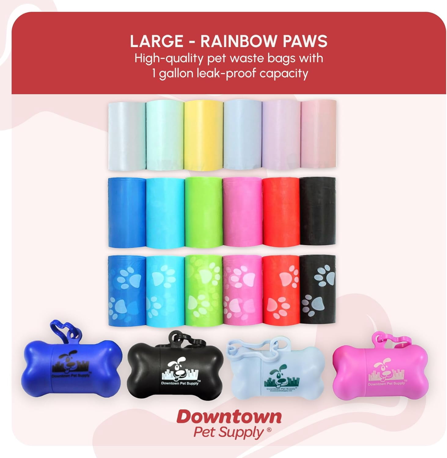 Leak-Proof Dog Waste Bags with Dispenser, 960 Count - Bone-Shaped Holder for Leash, Rainbow Paw Prints Design, 12.5" x 8.5"
