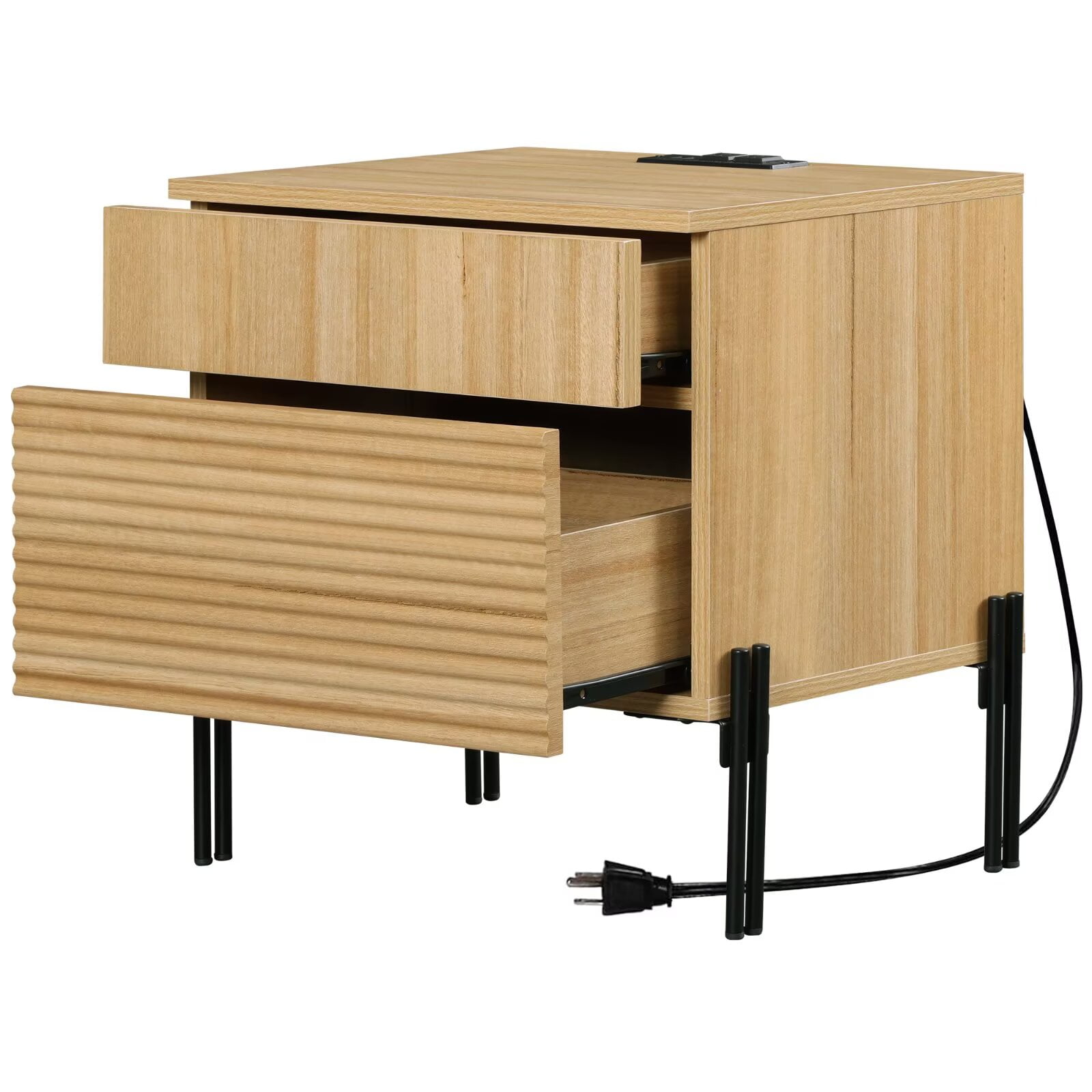 WAMPAT Contemporary Fluted Nightstand with USB Charging Port, Oak End Table with 2 Drawers for Home Decor in Bedrooms and Living Areas