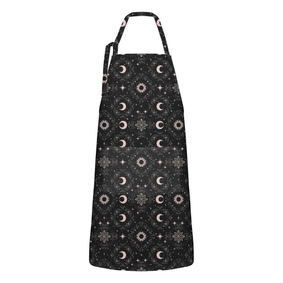 Black Moon Star Pattern Apron-Garden Aprons for Women with Pockets-Cotton Linen Waterproof Kitchen Cooking Gardening Aprons Adjustable for Kitchen,Cooking,BBQ and Salon 33x27 Inch