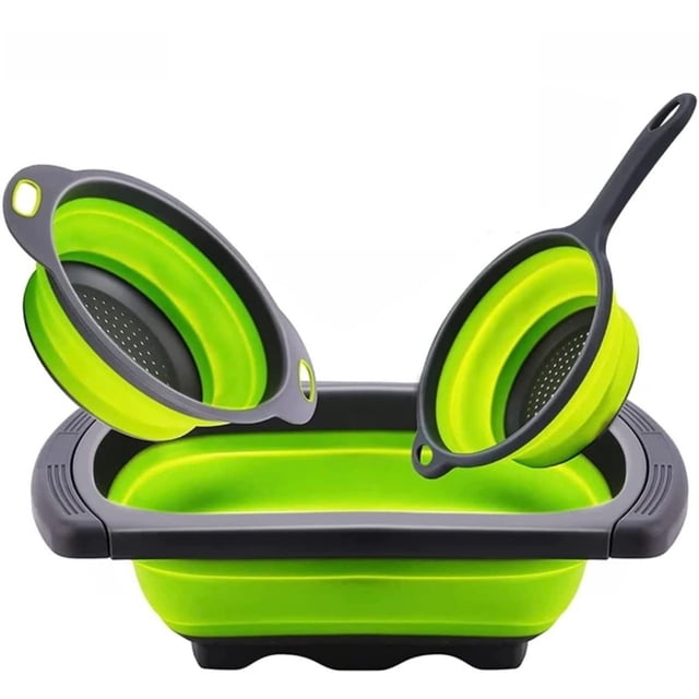 Juego plegable – Juego de 3 piezas con colador redondo plegable sobre el fregadero – Juego de colador de silicona de grado alimenticio
