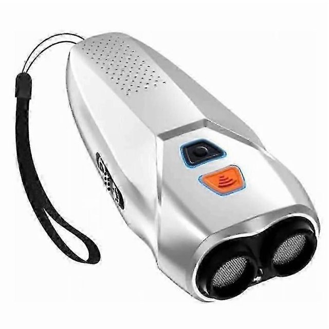 powerful dog repellent dazer iii ultrasound 3 intensities for dangerous dogs sdeds multicolor handheld ultrasonic repellent with dual speaker grilles, two top buttons (one orange) and wrist strap, angled front-facing view showing textured plastic body and speaker mesh; suitable for jogging or biking on trails, USB-chargeable with vibration activation confirmation.