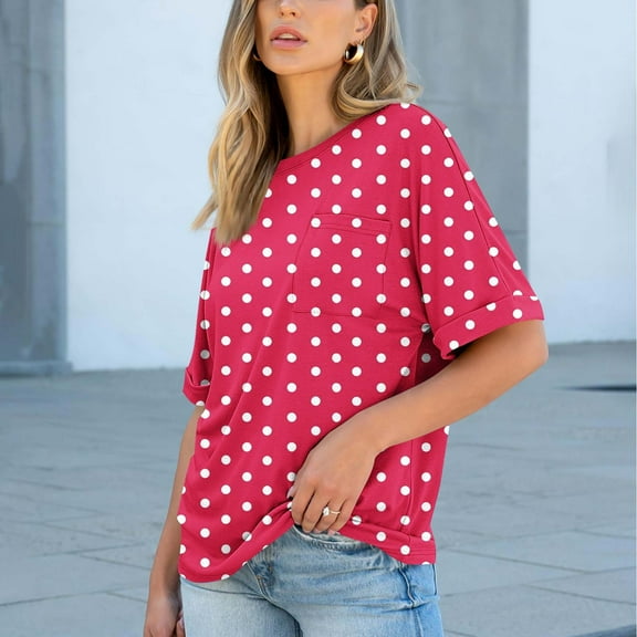 Shirts for Women Short Sleeve Print Pocket Polka Dot Casual Round Neck Blouse Army Green,Womens Tops