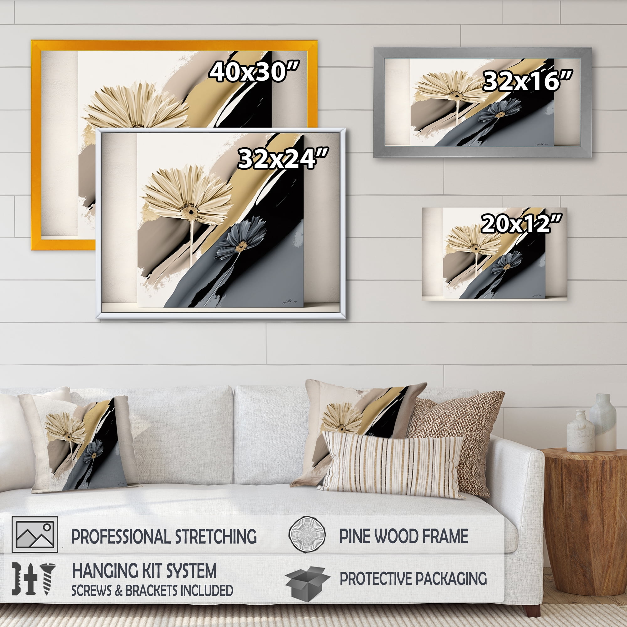 Designart Beige And Black Gerbera Hyperrealistic Flowers Canvas Wall Art
