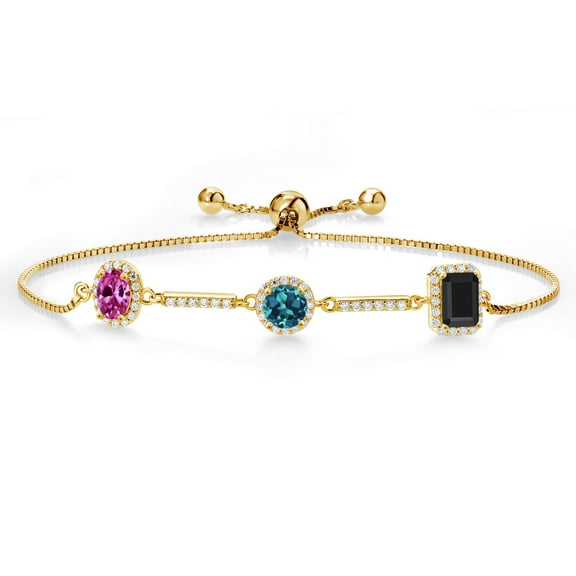 Gem Stone King 1.76 Ct Pink Created Sapphire London Blue Topaz 18K Yellow Gold Plated Silver Bracelet for Women