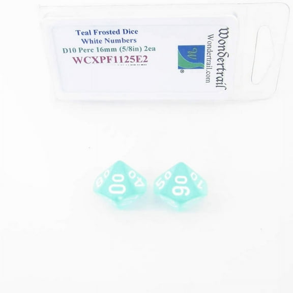 Teal Frosted Dice with White Numbers D10 Perc Aprox 16mm (5/8in) Pack of 2 Wondertrail