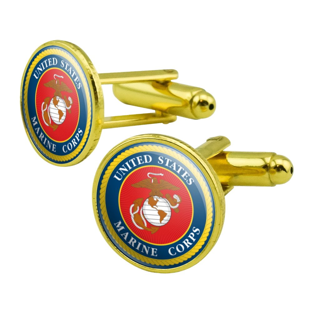 Marines USMC Logo Blue Red Gold Officially Licensed Round Cufflink Set Gold Color
