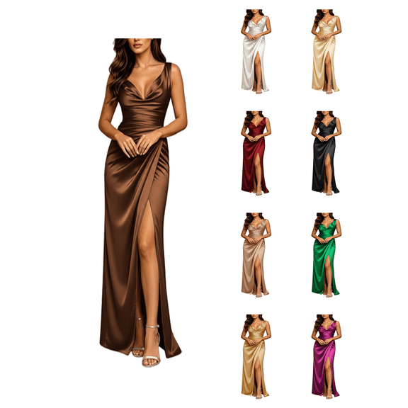 Busydd Satin Party Dress for Women Fashion V Neck Sleeveless Prom Dress Solid Color Pleated Slit Evening Dresses S
