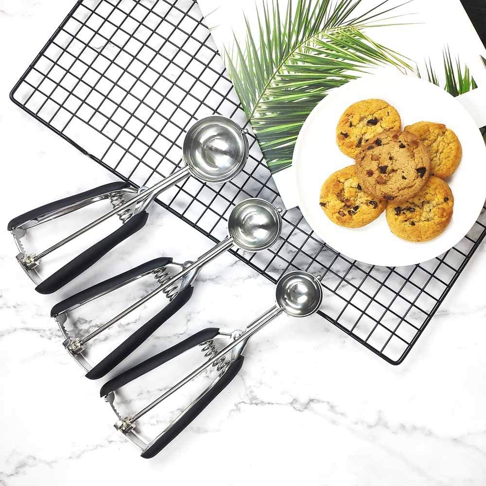 Set Di 3 Palette Per Biscotti E Gelato In Acciaio Inox 18/8 – Porzioni #20, #40, #60 – Con Grilletto E Manico Antiscivolo, Lavabili In Lavastoviglie