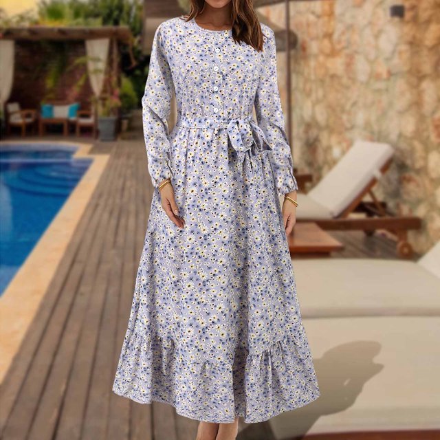 Ovzne Robes Grande Taille pour Femmes Rondes Robe Mode Femme Imprimé Floral Col Rond Lacets Manches Longues Robe de Printemps Manches Longues Imprimées