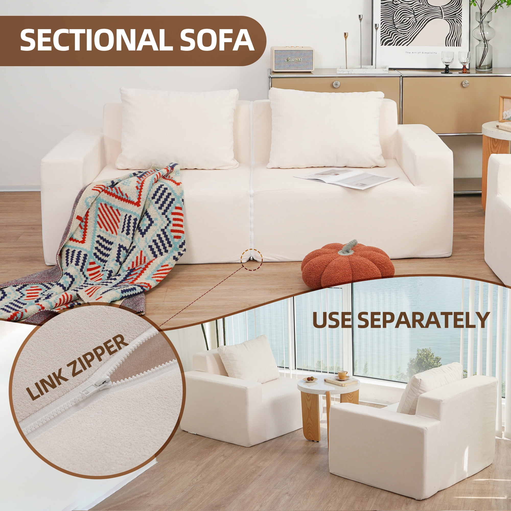Aukfa 74" Sponge Loveseat Sofa, 2pcs Modular Sofa Chair with 2 Pillows, Assemble Free, White