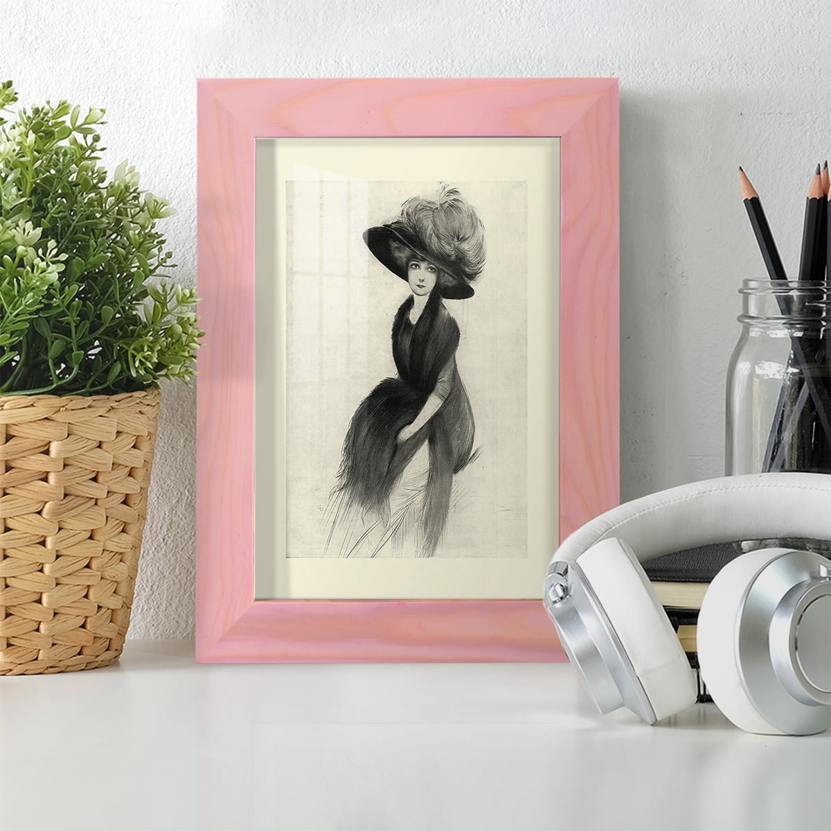 Feather Hat II -Framed Print w/glass-Sunset Pink