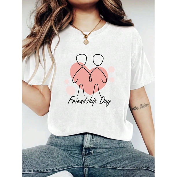 Women's Fashionable FRIENDSHIP DAY Print T-Shirt For Valentine's Day - Casual Short Sleeve Crew NeckCamisetas para mujer, lindas camisetas con estampado gráfico, de manga corta, estilo casual, para ve