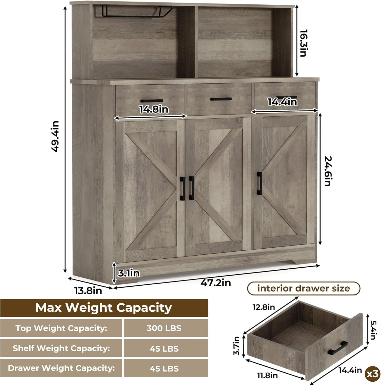 Huisuilinss Kitchen Pantry Storage Cabinet,Farmhouse Kitchen Cabinet,Food Pantry Cabinet with Microwave Stand,Barn Doors Kitchen Hutch with 3 Drawer and Shelves for Dining Room