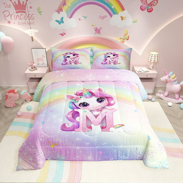 Erosebridal Ensembles de Couette Licorne Rose Format Simple, Couettes et Duvets Lettre Initiale m, Déco Fleur Princesse, Réversible 2 Pcs
