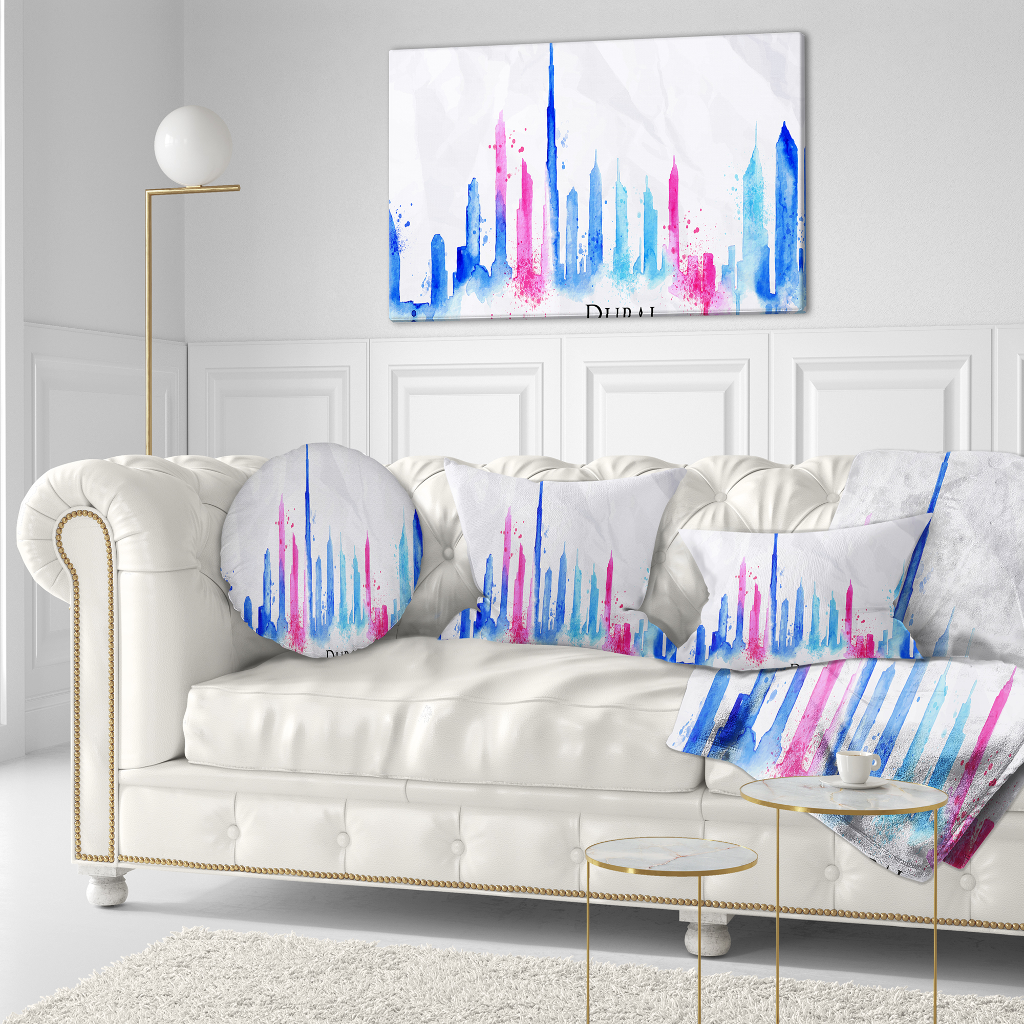 Designart Colorful Dubai Silhouette - Cityscape Painting Throw Pillow - 12x20
