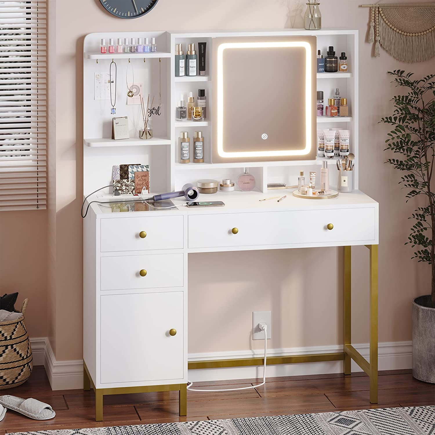 Makeup Vanity Set Desk Table with Mirror & Charging Station & 3 Colors
