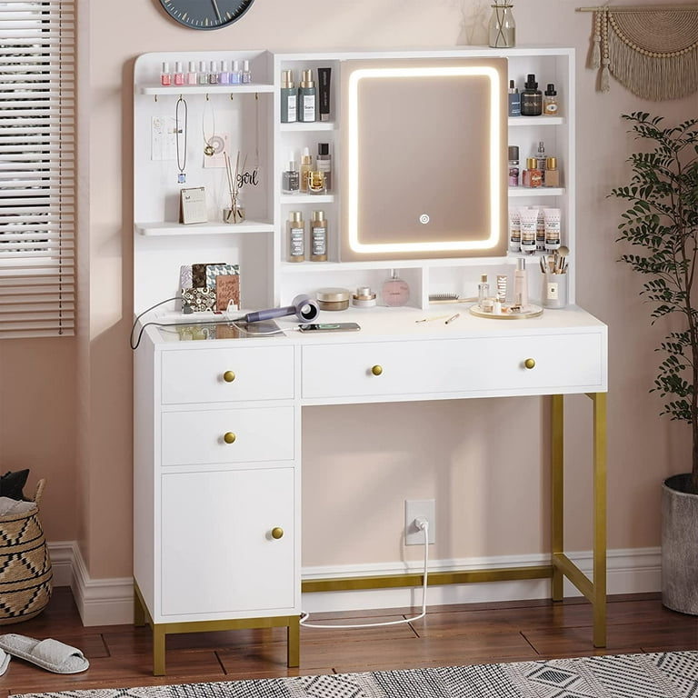 Vabches White Vanity Desk with Mirror and Lights, Vanity Table