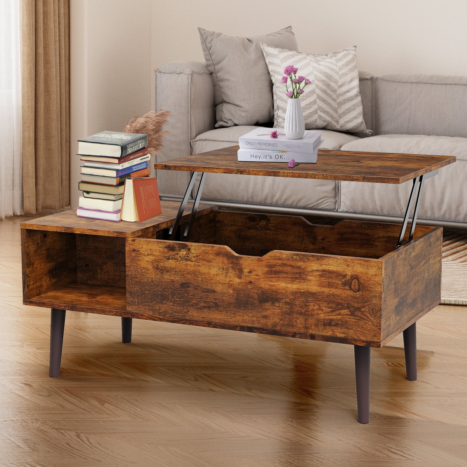 CONCETTA Modern Lift-Top Coffee Table for Living Room - Adjustable Height Convertible Center Table with Storage, Espresso Finish, Rust