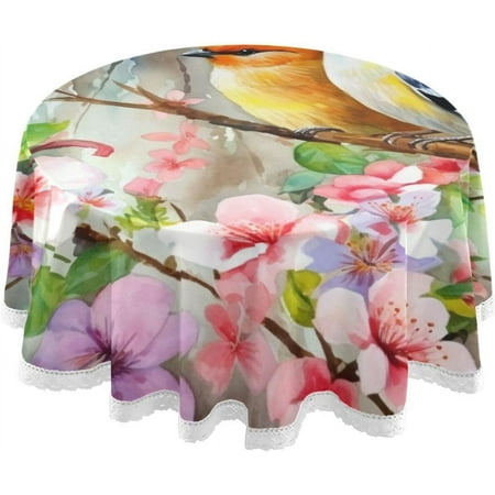 

Round Tablecloth Watercolor Flower and Bird Washable Table Cover Waterproof Wrinkle Resistant Table Cloth for Restaurant Wedding Parties