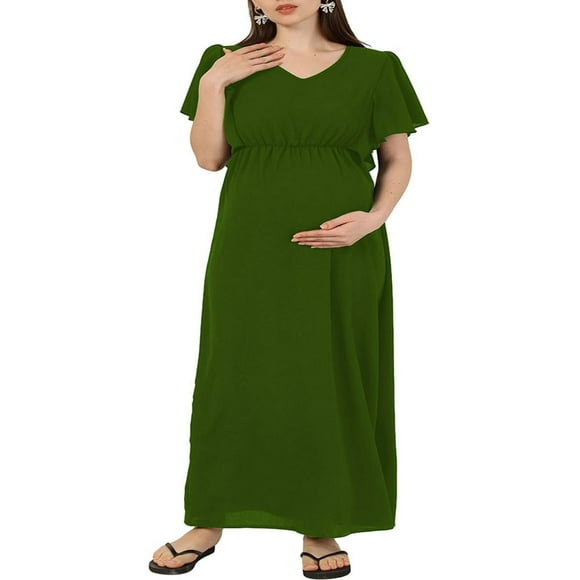 Womens Short Sleeve Maternity Dress Solid Color V Neck Casual Long Dress