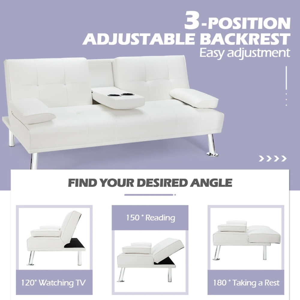 Finihen Futon Sofa Bed, Leather Couch, Convertible Folding Recliner, Convertible Folding Leather Futon Sofa with Cup Holders and Armrests, for Living Room, Bedroom, White Finihen Futon Sofa Bed, Leather Couch, Convertible Folding Recliner, Convertible Folding Leather Futon Sofa with Cup Holders and Armrests, for Living Room, Bedroom, White