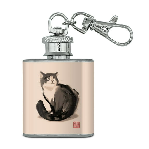 Cat Traditional Chinese Ink Painting Stainless Steel 1oz Mini Flask Key Chain