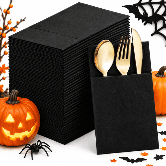 Truelife 50-Pack Black Paper Silverware Holders with Napkin, Sturdy No-Bleed Utensil Pocket, Odorless Color-Fast Cutlery Pouches for Catering