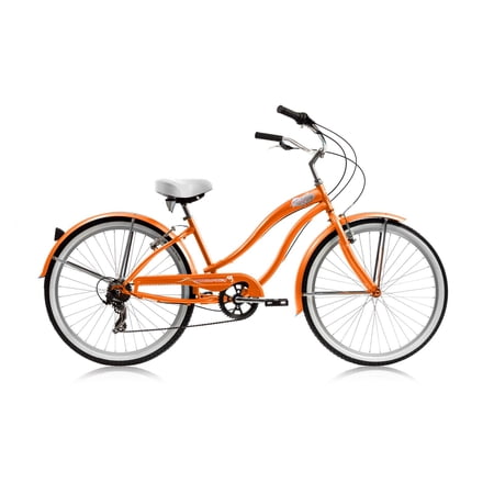 Wonder Wheels 26 In. Beach Cruiser Shimano Tx-35 7 Speed Bicycle  Bike  V-Brake Stainless Steel Spokes One Piece Crank Alloy Orange Rims 36 H With Fender - Orange