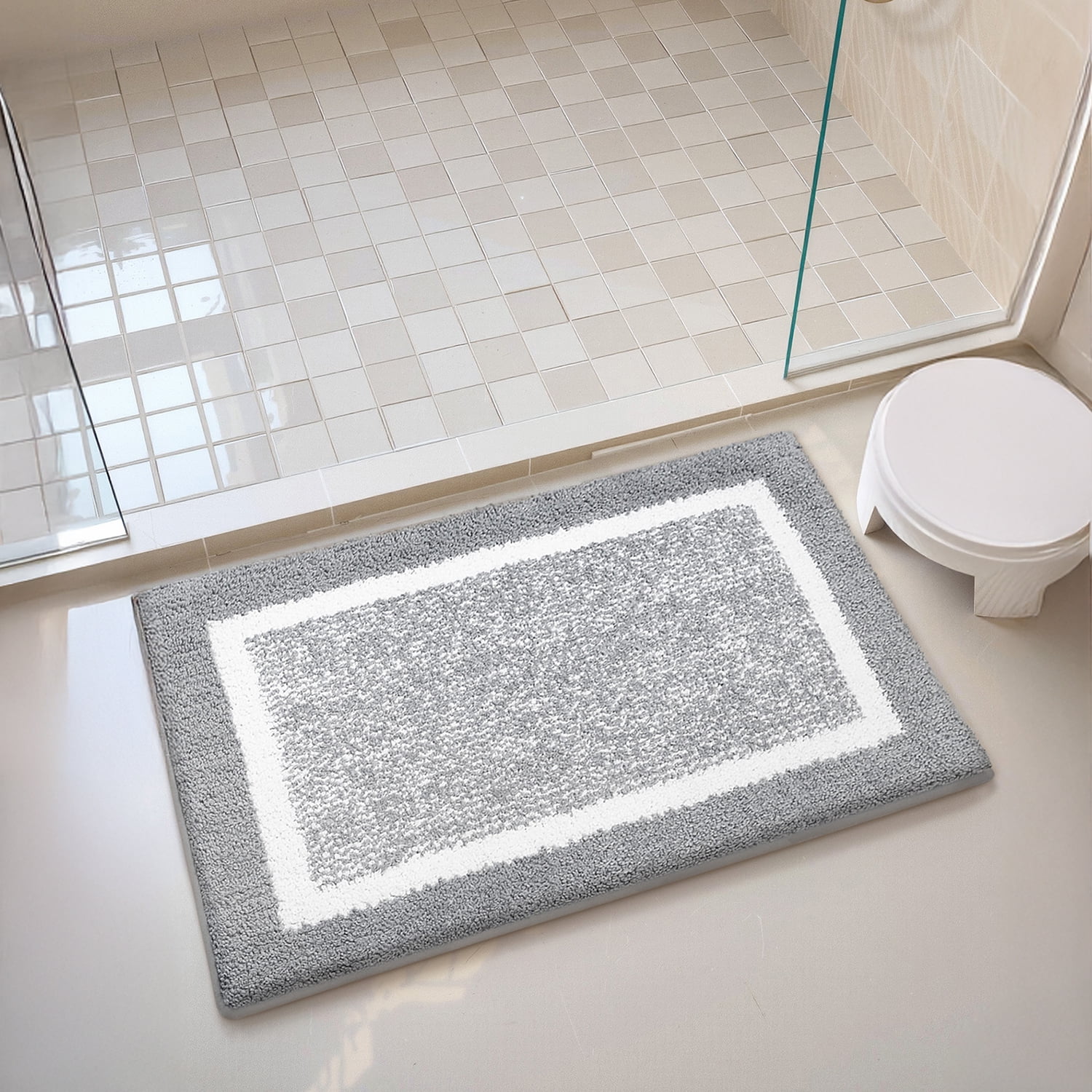 PABUBE Bathroom Rug, Soft Absorbent Bathroom Mat and Bath Mat, Premium Microfiber Shag Bath Rug Machine Washable (16"x24",Grey and White)