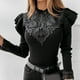 thumbnail image 5 of Moda mujer sexy color sólido manga larga encaje patchword hongo blusa Fridja  fhghd1241, 5 of 9
