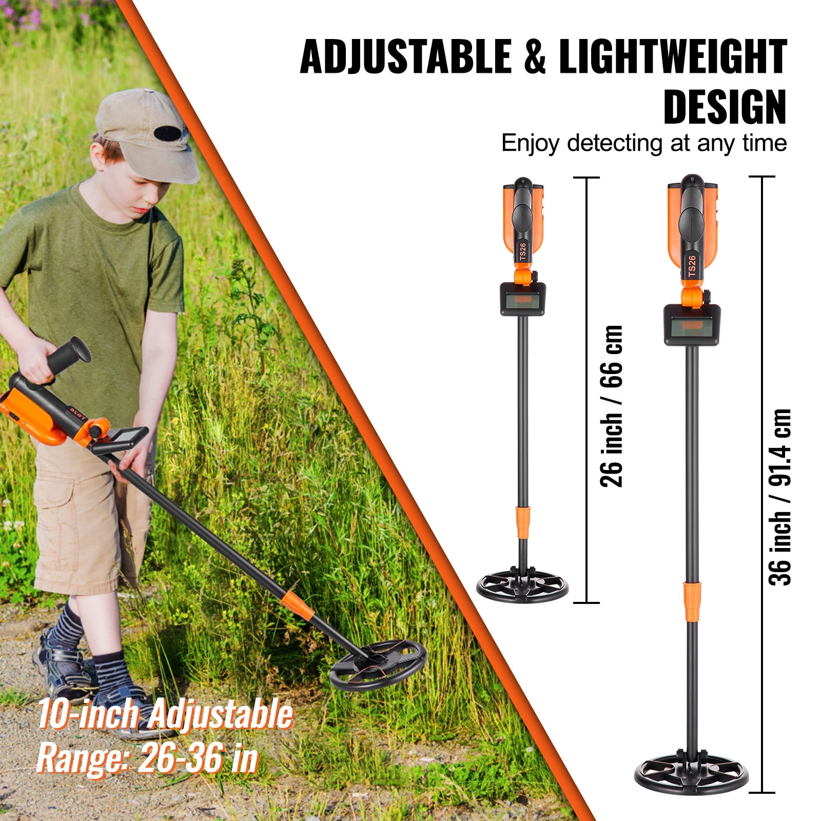 KFFKFF 6" Metal Detector with LCD Display, 26"-36" Adjustable Stem for Kids and Adults, 2 Modes Gold Detector with IP68 Waterproof Coil, Suitable for Beaches, Backyards, Hiking