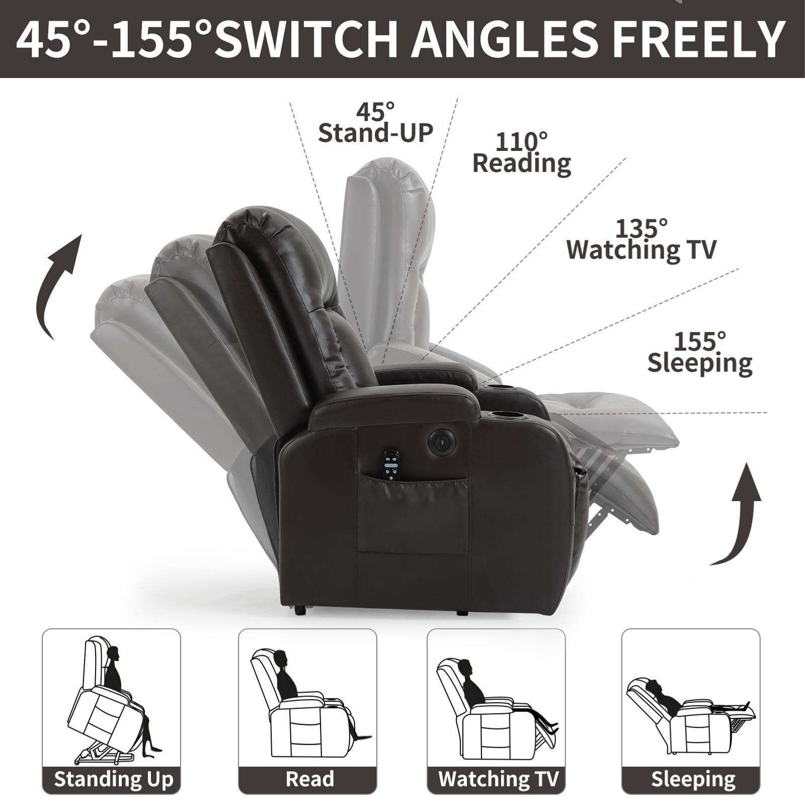 Gewnee Power Lift Recliner Chair,Lift Chair with Heat and Massage,Adjustable PU Leather Recliner with USB,Cup Holders & Side Pockets for Living Room or Bedroom.Brown
