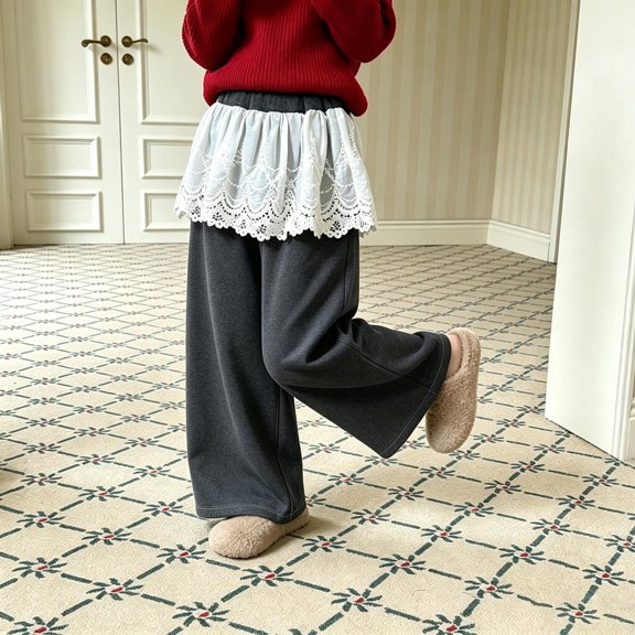 Bysome Girls Pants Solid Color Elastic Waist With Pockets Wide Leg Trousers Comfortable Girls Pants Size 4-5 Years Grey