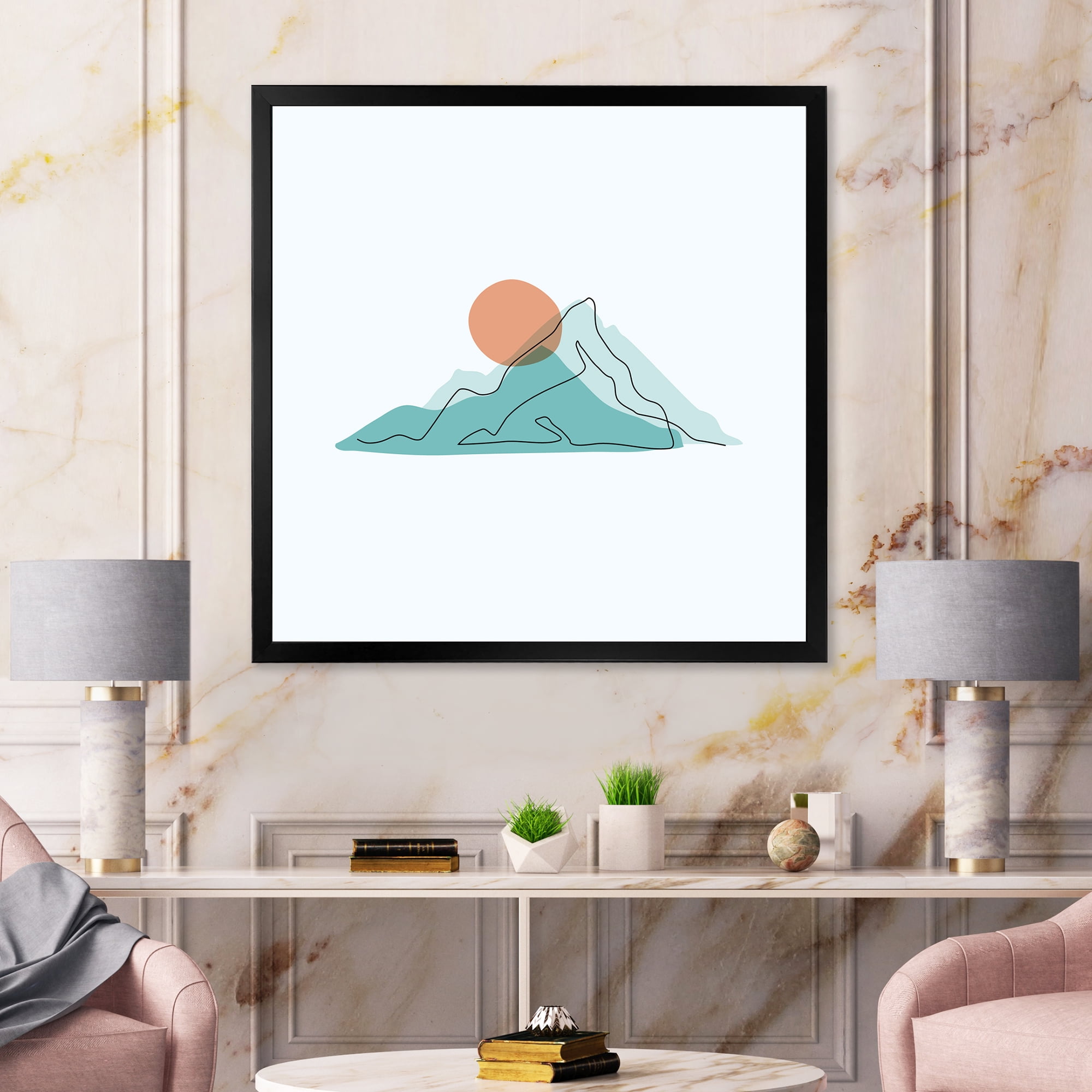 Designart 'Abstract Blue Mountains With Red Moon II' Modern Framed Art Print