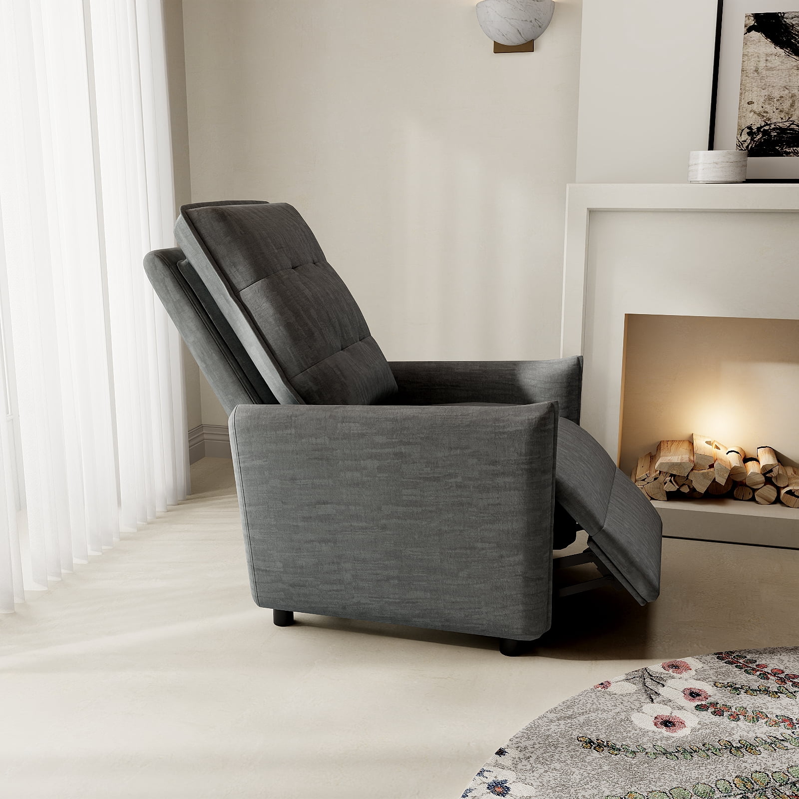 Chenille Fabric Recliner Chair with Manual Push Back Recline, Overstuffed High-Density Foam & Metal Frame, Adjustable Footrest for Living Room, Gray