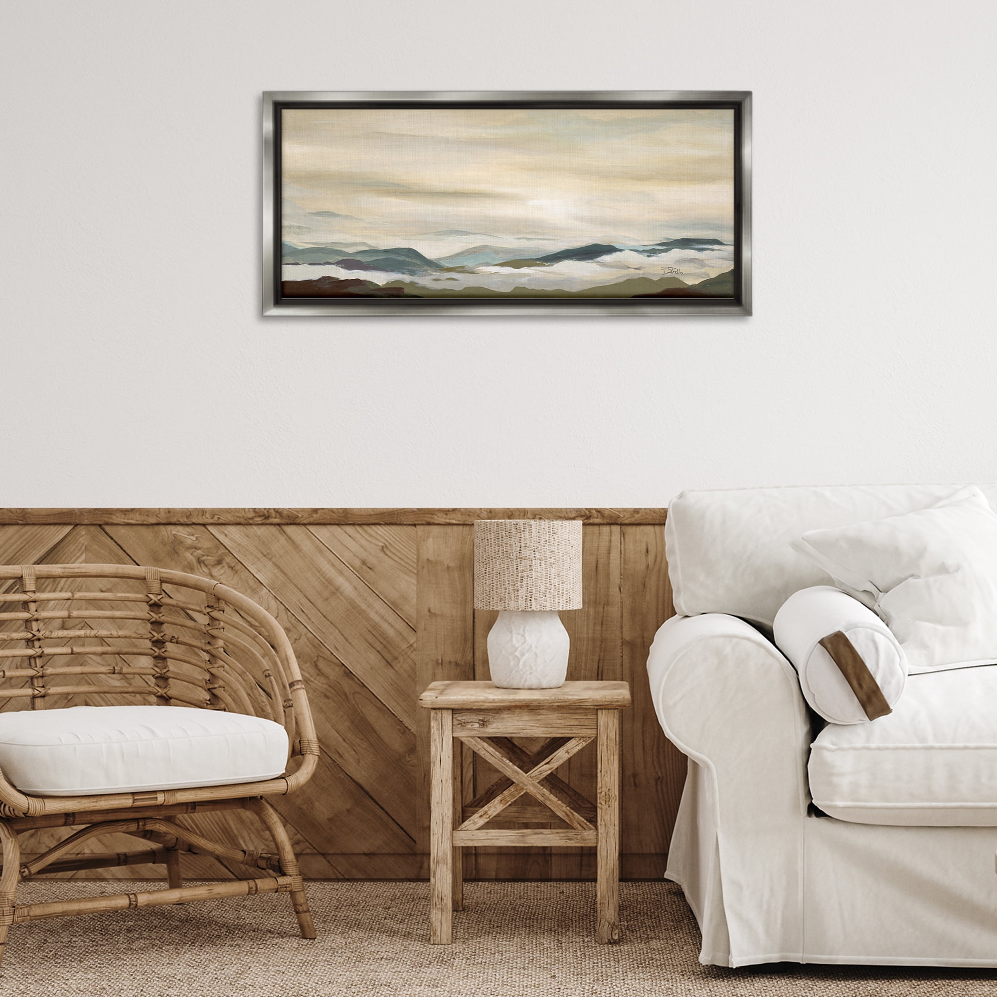 Stupell Industries Solemn Mountains Peeking Landscape Painting Gray Floater Framed Canvas Art Print Wall Art, 31 x 14