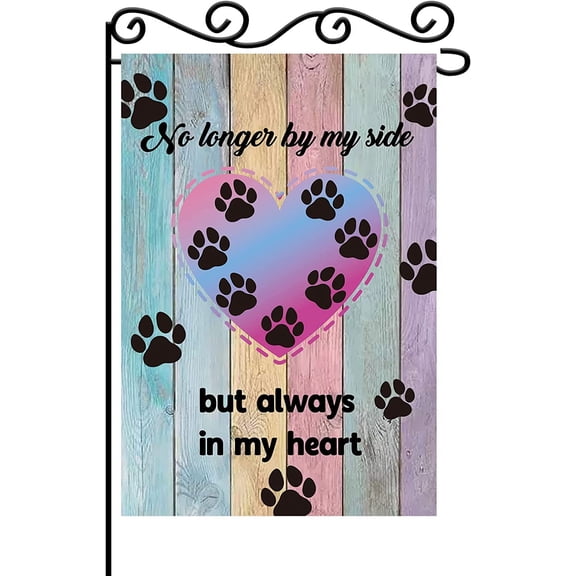 MEFENG No Longer By My Side But Always In My Heart Garden Flag - Paw Print Coloful Wooden Board Garden Banner - Pet Memory Lawn Sign Yard Flag - Dog Cat Loss of Beloved,12 x 18 Inch