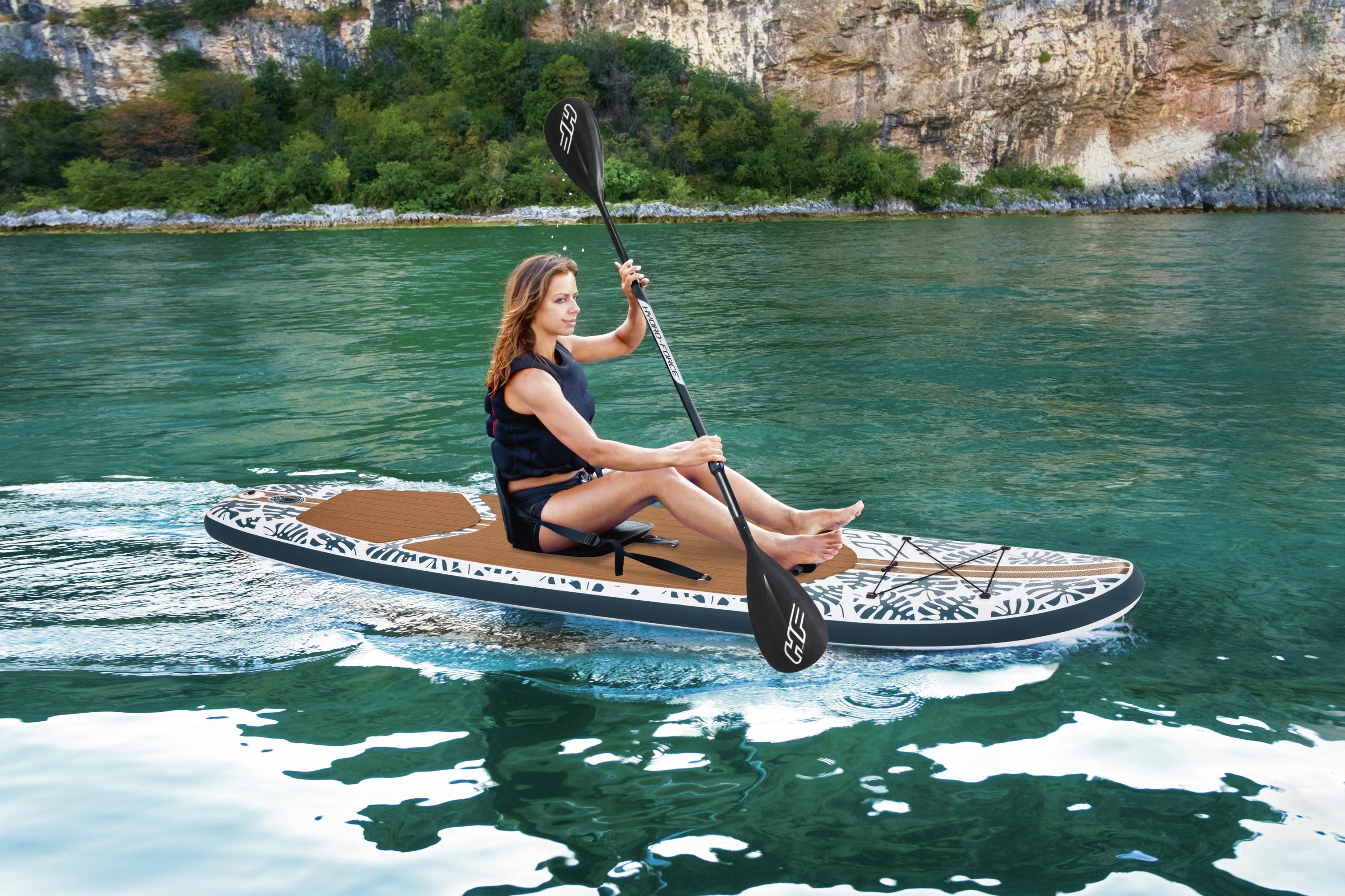 Hydro-Force Oceana 10 Ft. Inflatable Convertible Stand-up Paddle Board and Sit-on Kayak Set, Wood and Palm Print - image 3 of 10